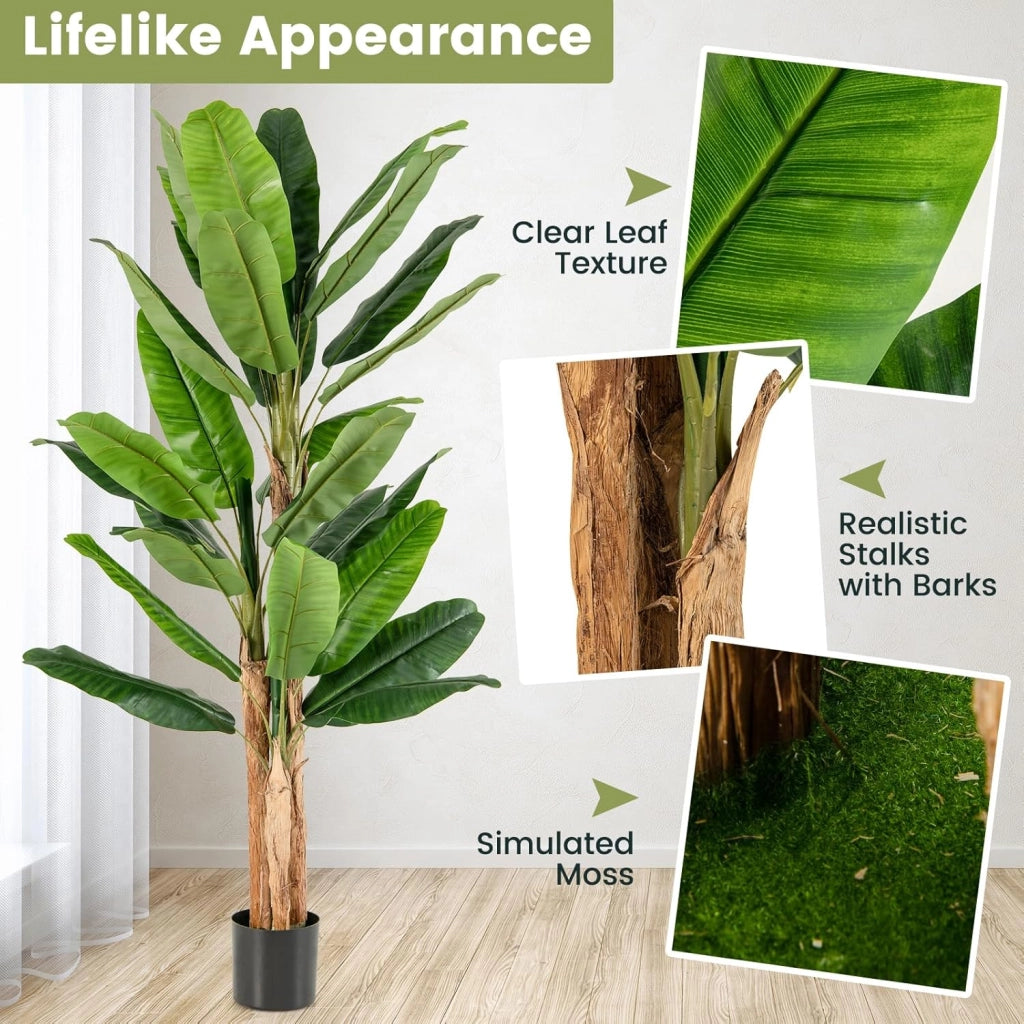 Albero di foglie di banana artificiale con vaso di fiori finti per decorazione interna, pianta tropicale, decorazione per ingresso, soggiorno, balcone, ufficio, 195 cm