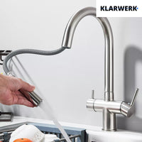 Jana | Rubinetto estraibile 3 vie premium argento spazzolato | osmosi in acciaio inox cucina | miscelatore 360 gradi | filtro 3 attacchi gomito alto
