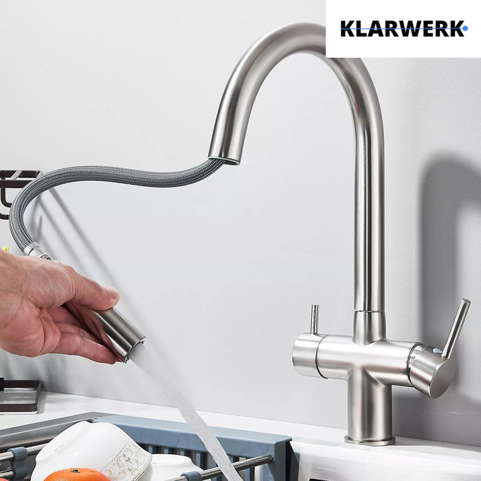 Jana | Rubinetto estraibile 3 vie premium argento spazzolato | osmosi in acciaio inox cucina | miscelatore 360 gradi | filtro 3 attacchi gomito alto