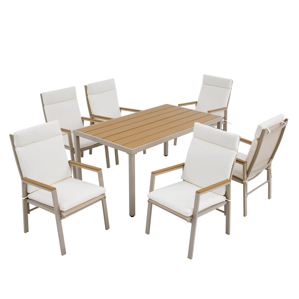 Set da pranzo da giardino set di mobili da giardino adatto a 6 persone composto da 1 tavolo e 6 sedie ferro zincato piano in legno in plastica kaki + beige