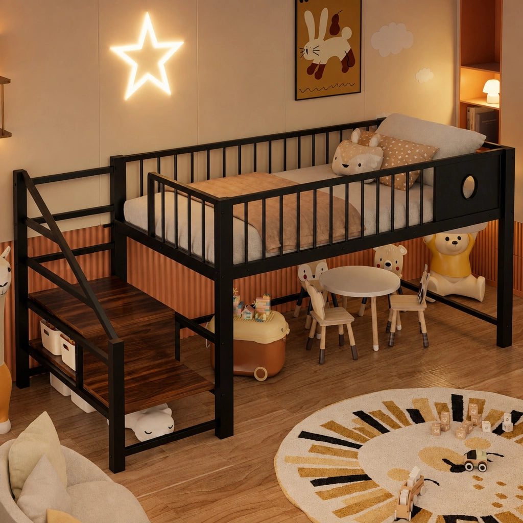 Letto a soppalco basso per bambini 90x200 cm in metallo; nero; con scala e spazio sotto