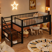 Letto a soppalco basso per bambini 90x200 cm in metallo; nero; con scala e spazio sotto