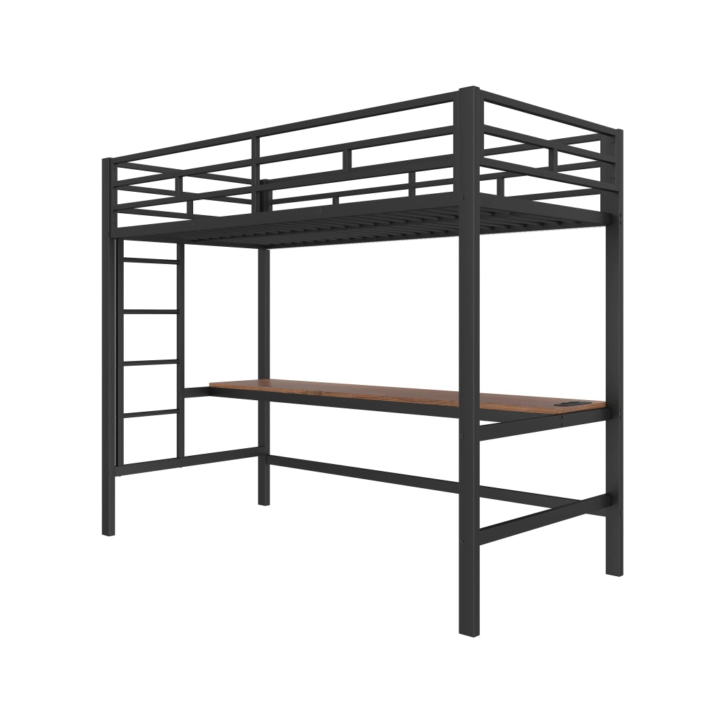 Letto a soppalco singolo 90×200 cm con scala; scrivania; LED; USB e Type-C; senza materasso; metallo; nero