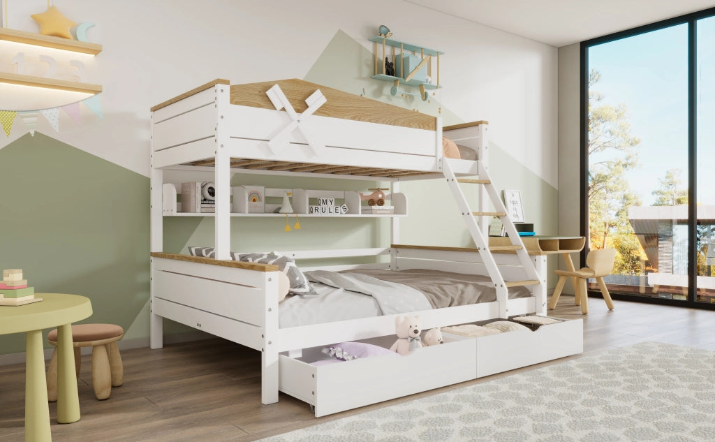 LETTO a castello con mulino a vento e scaffali 90x200+140x200 cm Bianco/Naturale