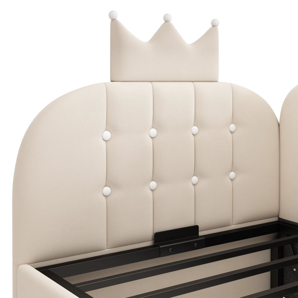 Letto divano singolo 90 × 190 cm con contenitore idraulico, testiera a corona, senza materasso, velluto beige