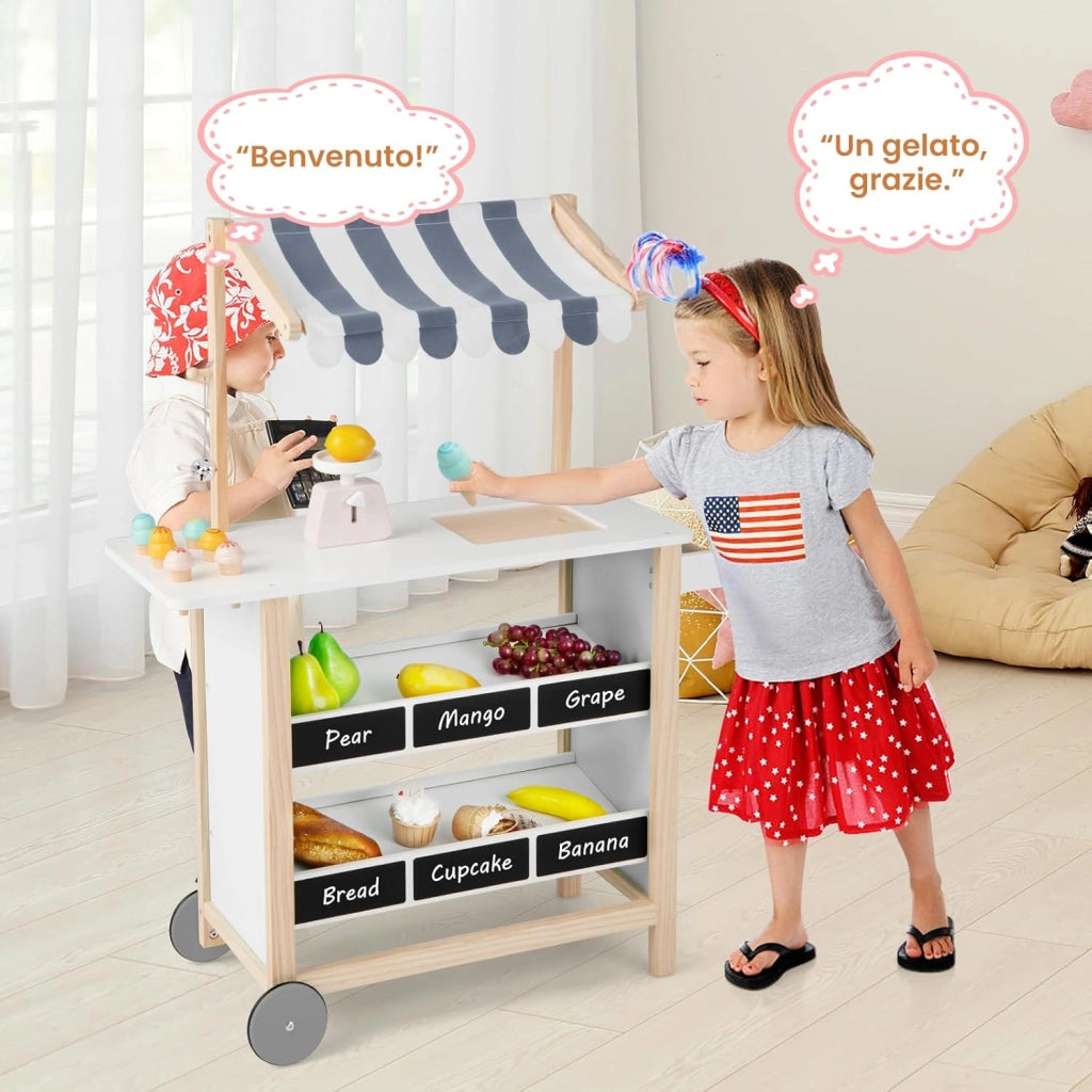 Carretto dei Gelati in Legno per Bambini, con 6 Gelati Giocattolo, Bilancia a Forma di A, Campanello Funzionante, Gelateria per Bambini + 3 Anni, 79 x 29 x 100 cm (Bianco)