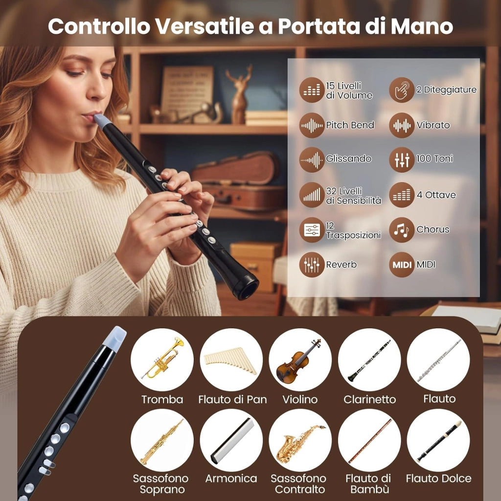 Strumento a Fiato Elettronico, Sassofono Digitale Portatile con MIDI Wireless,LCD HD, 100 Toni, Altoparlante HIFI, Gamma di 4 Ottave e 2 Diteggiature, per Principianti e Adulti