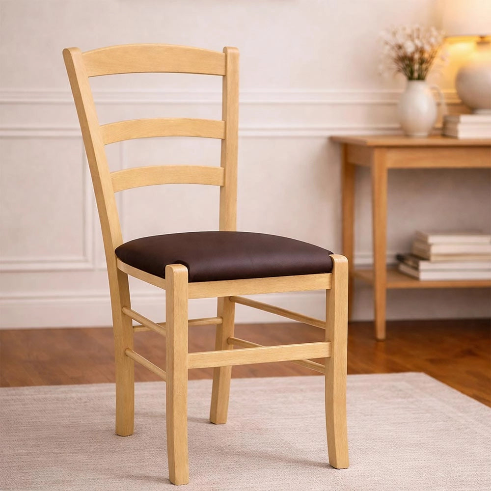 Sedie da sala da pranzo Paesana in legno naturale con seduta imbottita marrone