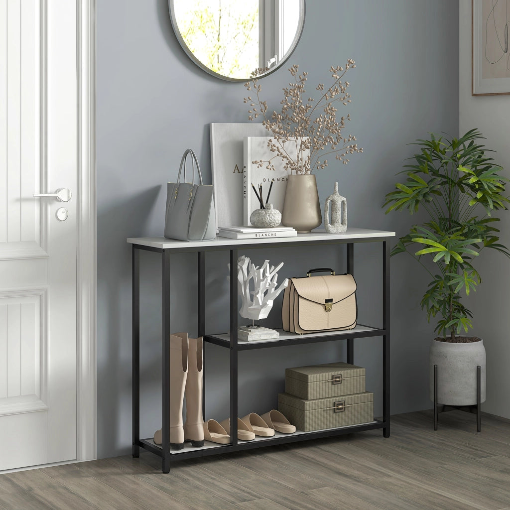 Tavolo consolle moderno bianco con 2 ripiani aperti, struttura in acciaio e pannelli truciolari, 100 x 30 x 80 cm