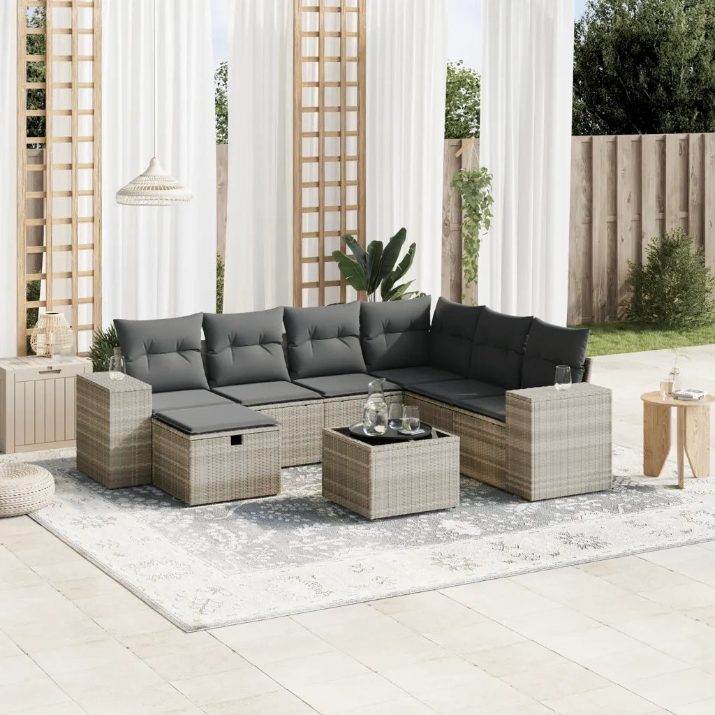 Set Divano da Giardino 8pz con Cuscini Grigio Chiaro Polyrattan