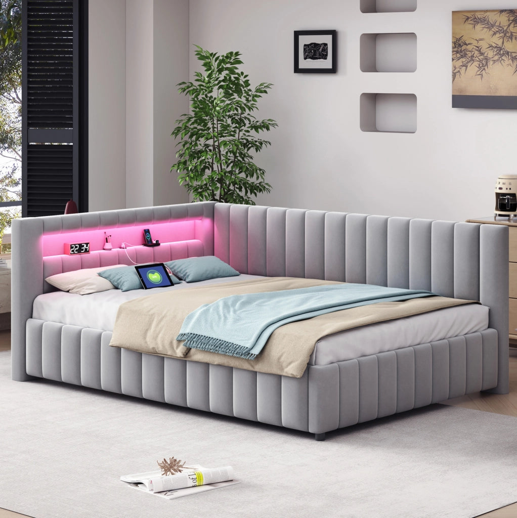 Letto imbottito a L 140x200 cm in velluto grigio con LED e porta USB