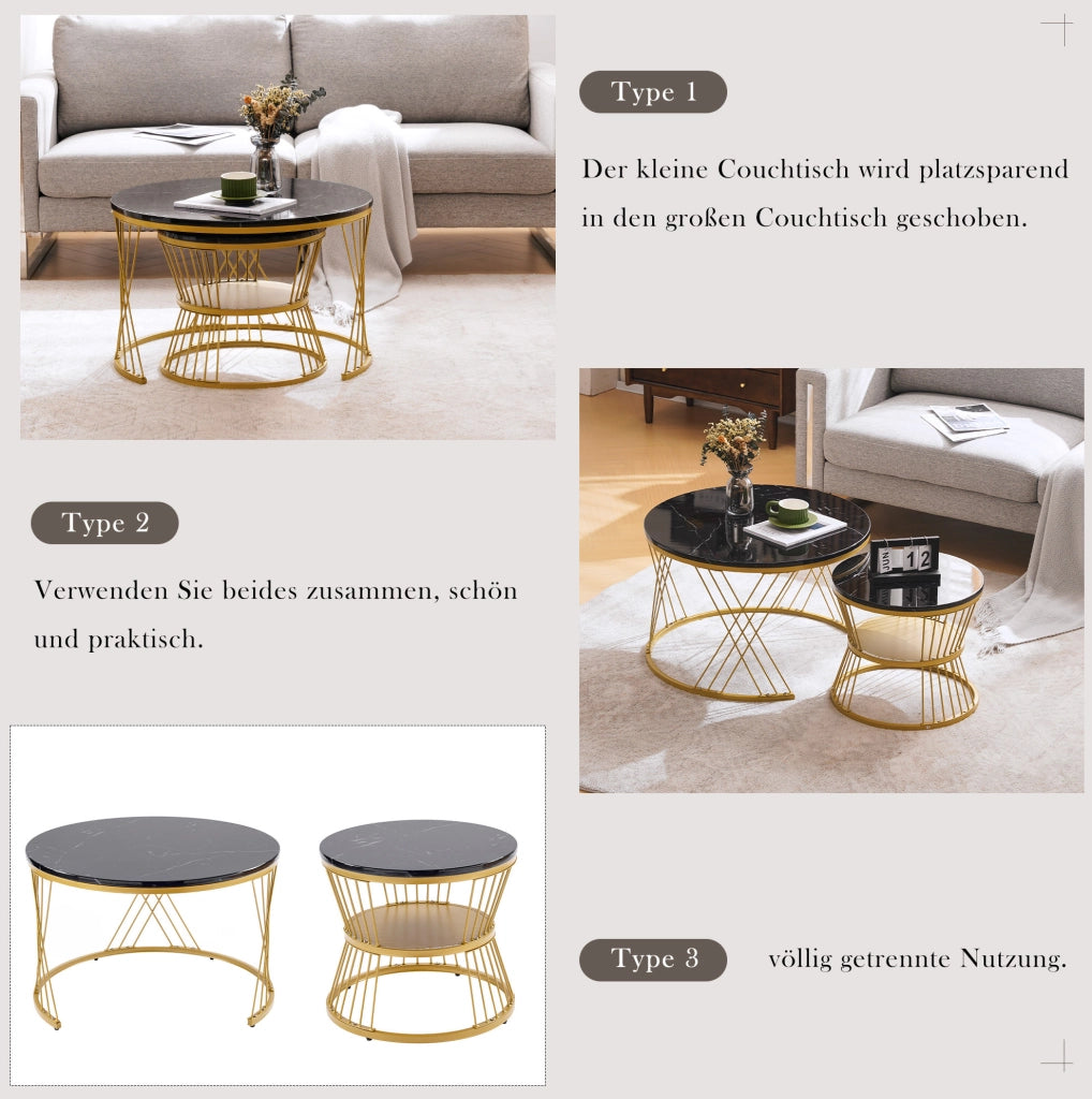 Set 2 Tavolini da Salotto Nidificanti Neri con Struttura Oro