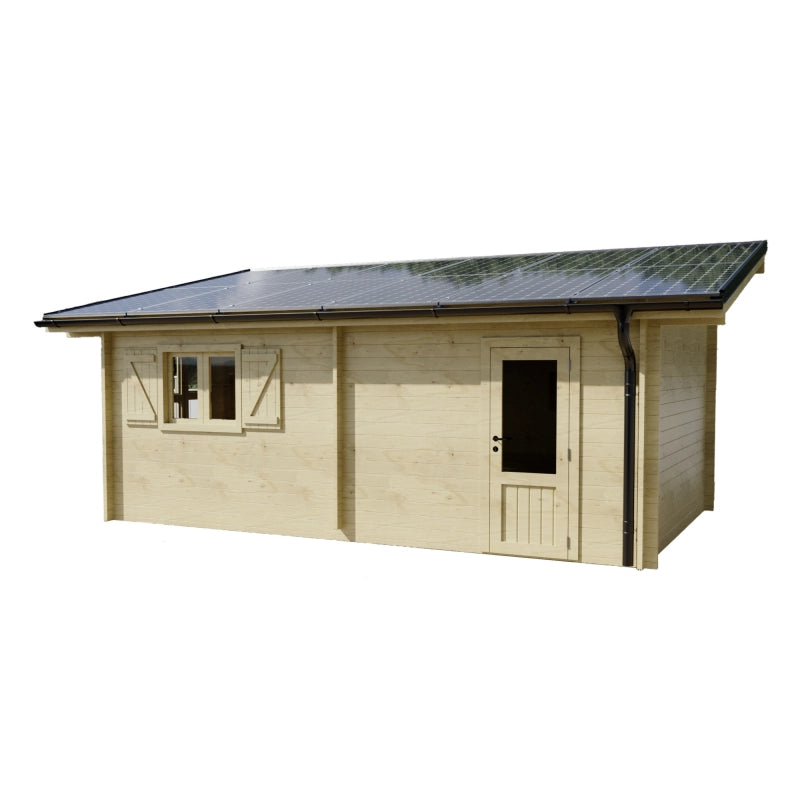 Casetta da giardino in legno di abete massello 570x349 cm con fotovoltaico  Spessore 42 mm  6 kWp con 12 pannelli solari  LB5937.02A Foresta