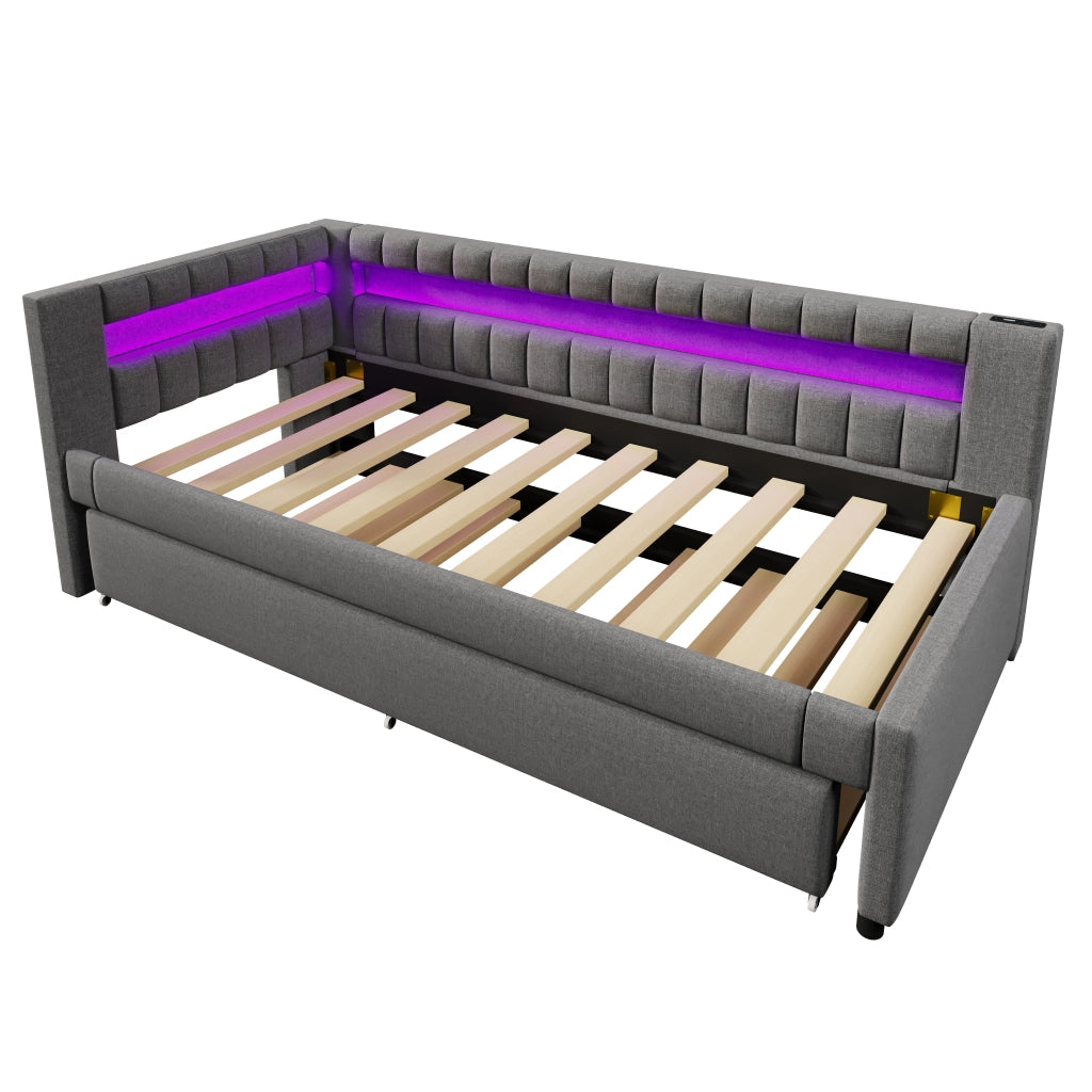 OKWISH Letto Divano 90×200 cm, Letto Singolo con LED Regolabile, USB, Tipo C e Letto Estraibile, senza Materasso, in Lino, Grigio