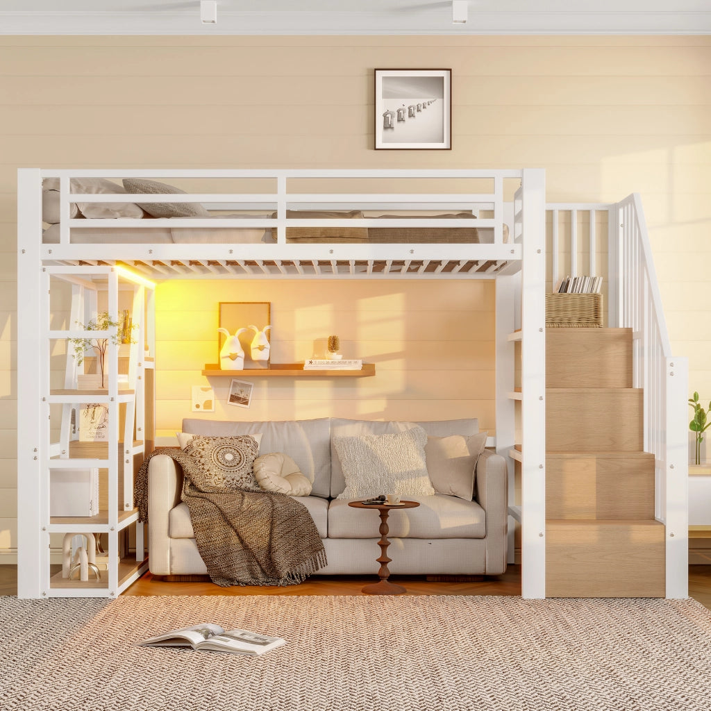 Letto a soppalco 90 × 200 cm 1 posto con LED; mensole e scaletta contenitore; senza materasso; in metallo e MDF bianco
