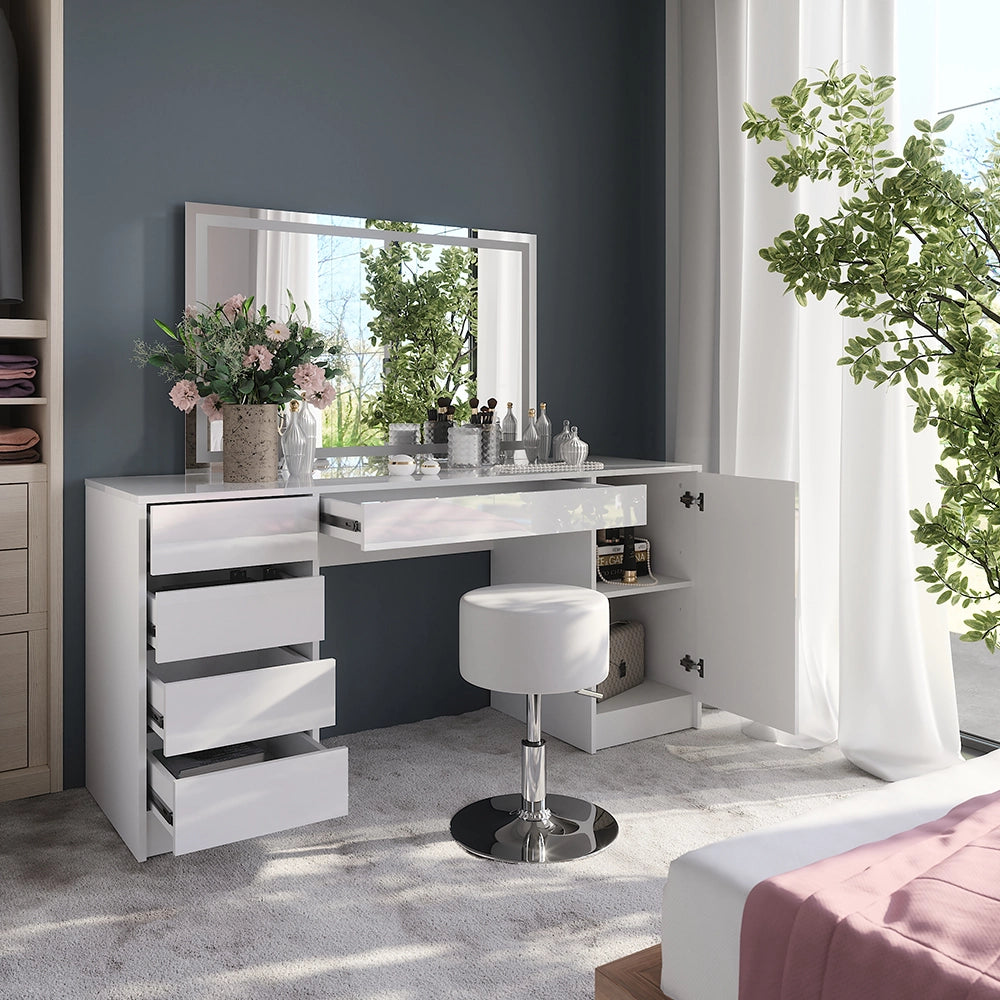 Vicco Tavolo da toeletta Bianco/bianco lucido 158.2 cm con specchio LED e sgabello