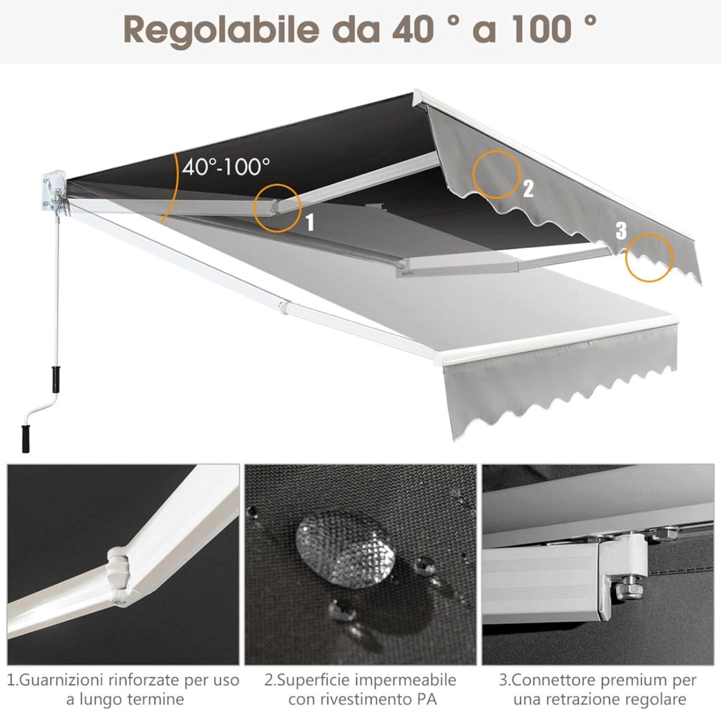 Tenda da Sole per Esterno Avvolgibile, Tenda da Sole a Bracci Estensibili con Telaio in Alluminio e Tettuccio Resistente al Sole e Impermeabile e Manovella (Grigio, 295 x 250 cm)
