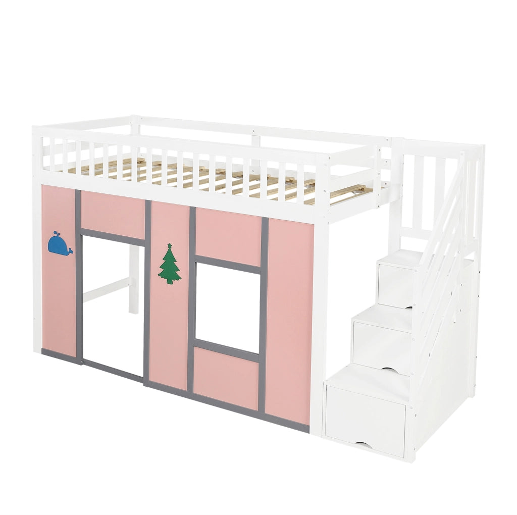 Letto a semisoppalco 90x200 cm con scala contenitore e LED in legno e MDF bianco e rosa