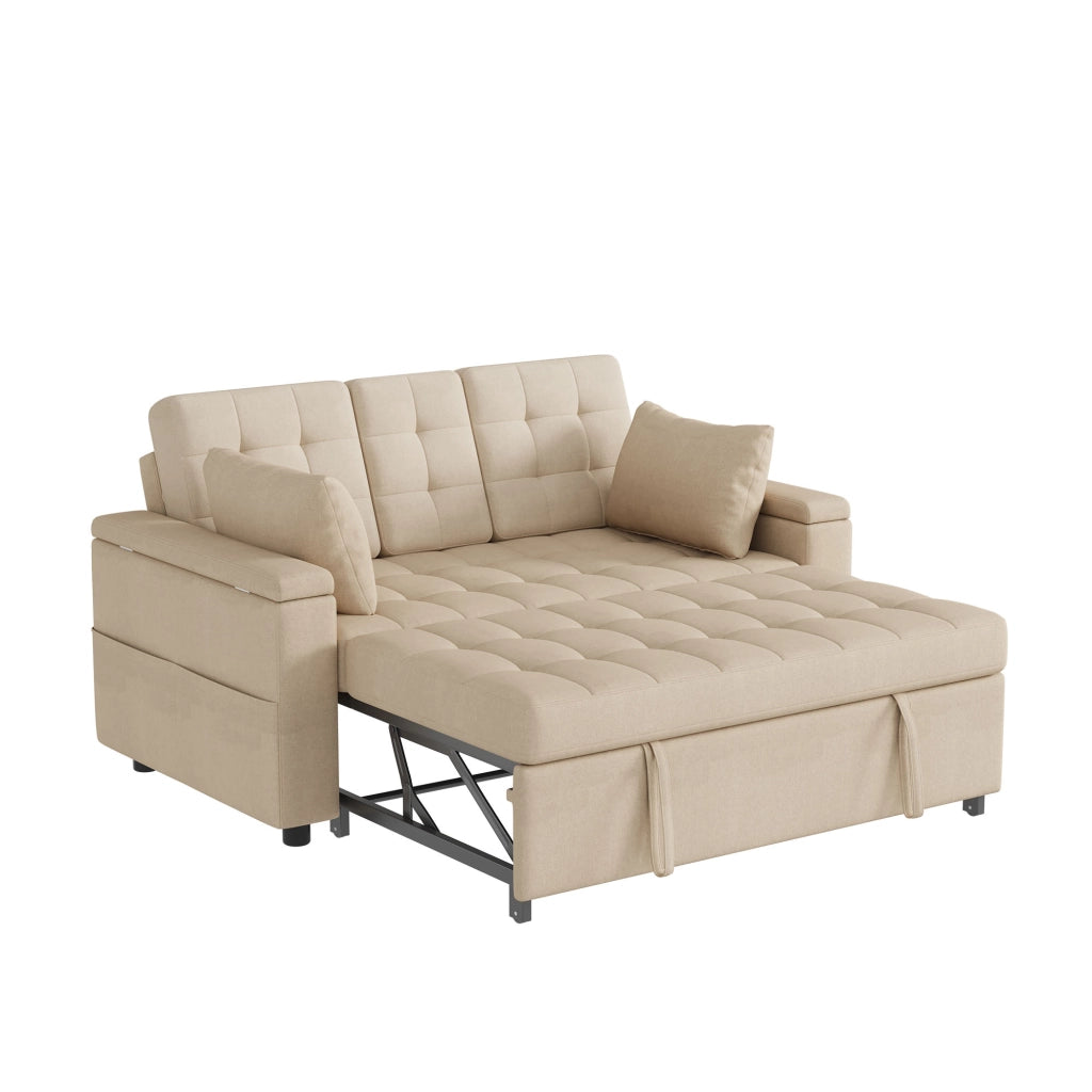 divano letto 2 posti con schienale regolabile; vani laterali e 2 cuscini; cotone e lino beige