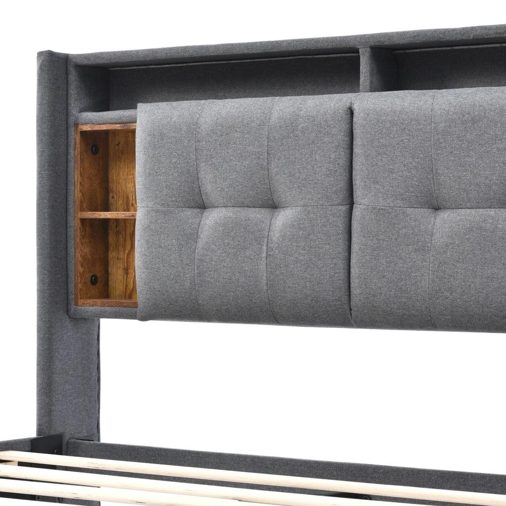 Letto Matrimoniale 140 x 200 cm con Contenitore; USB; Prese e LED; Testiera con Vani; senza Materasso