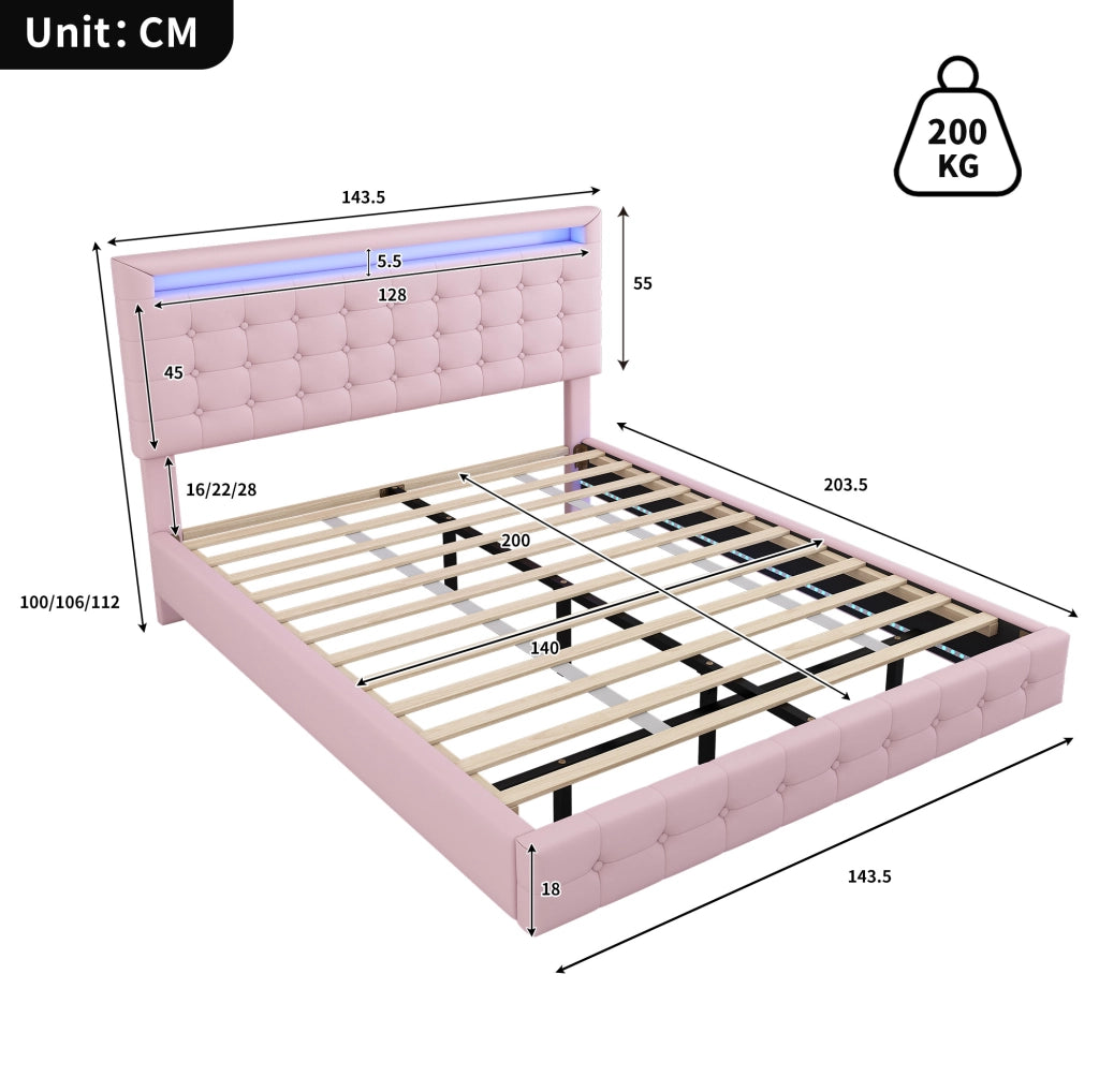 Letto matrimoniale 140x200 cm; LED regolabile; testiera regolabile; PU; rosa