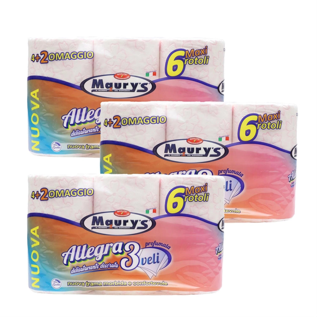 KIT SET 3 PZ MAURY'S CARTA IGIENICA 6 MAXI ROTOLI 3 VELI COLORATA PROFUMATA