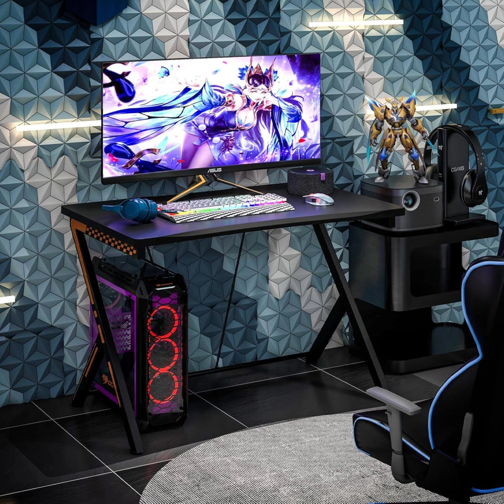 Tavolo da gioco per computer, ergonomico, PC portatile, tavolo da gioco con rivestimento in fibra di carbonio, scrivania da ufficio, tavolo da lavoro per gaming, lavoro e lavoro, nero