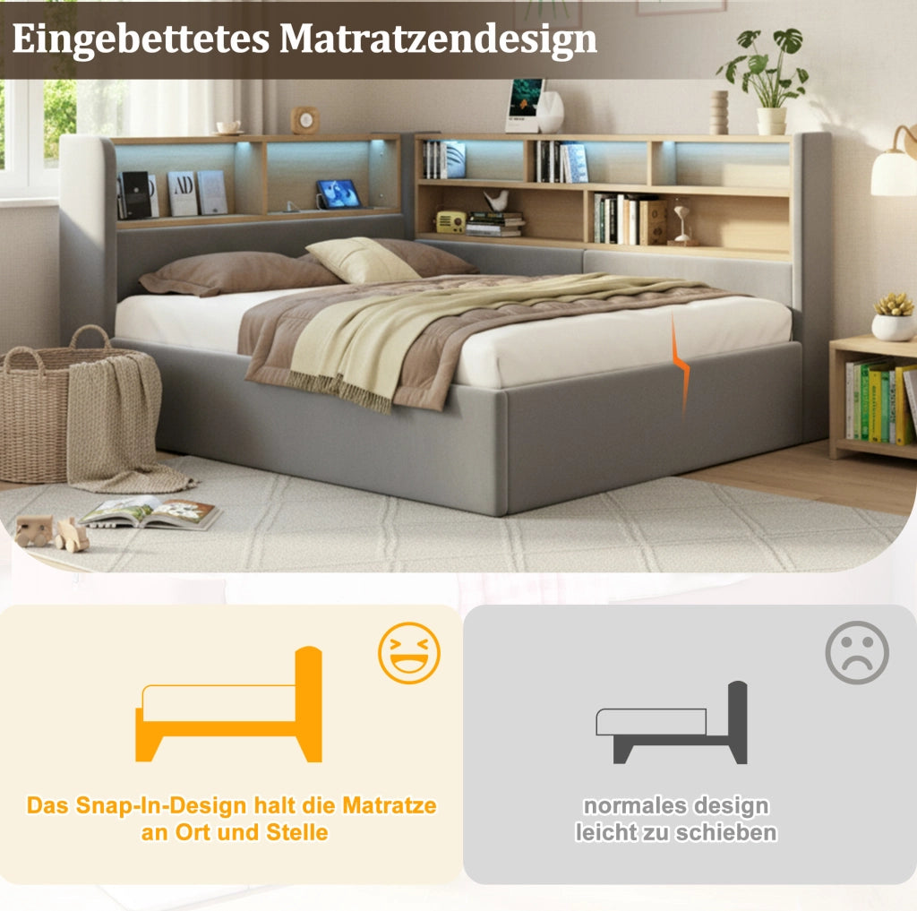 Letto imbottito grigio in velluto con contenitore, LED e USB-C