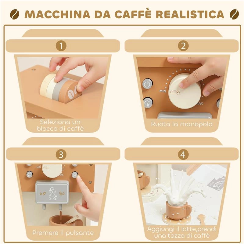 SET MACCHINA DEL CAFFÞ GIOCATTOLO IN LEGNO PER BAMBINI DA 3 ANNI CON ACCESSORI, MARRONE