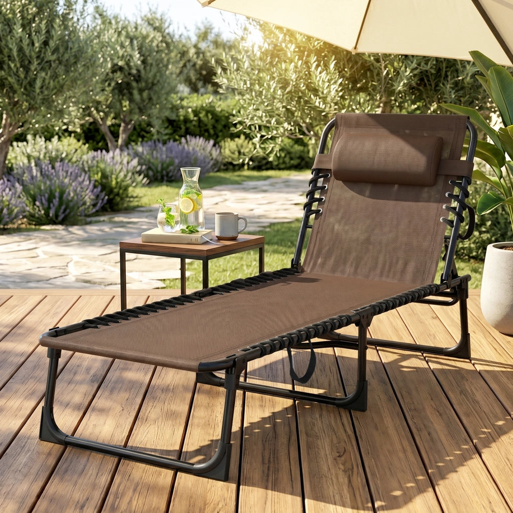 Poltrona Pieghevole per Esterno con Schienale Regolabile e Struttura in Acciaio ¨C zephmum ¨C Marrone 189x58x30 cm