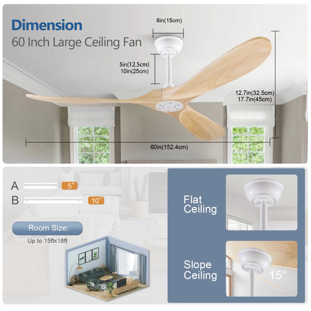 Ventilatore da soffitto 60 pollici senza luce, color legno naturale, impermeabile, extra grande, per esterni, motore DC silenzioso reversibile