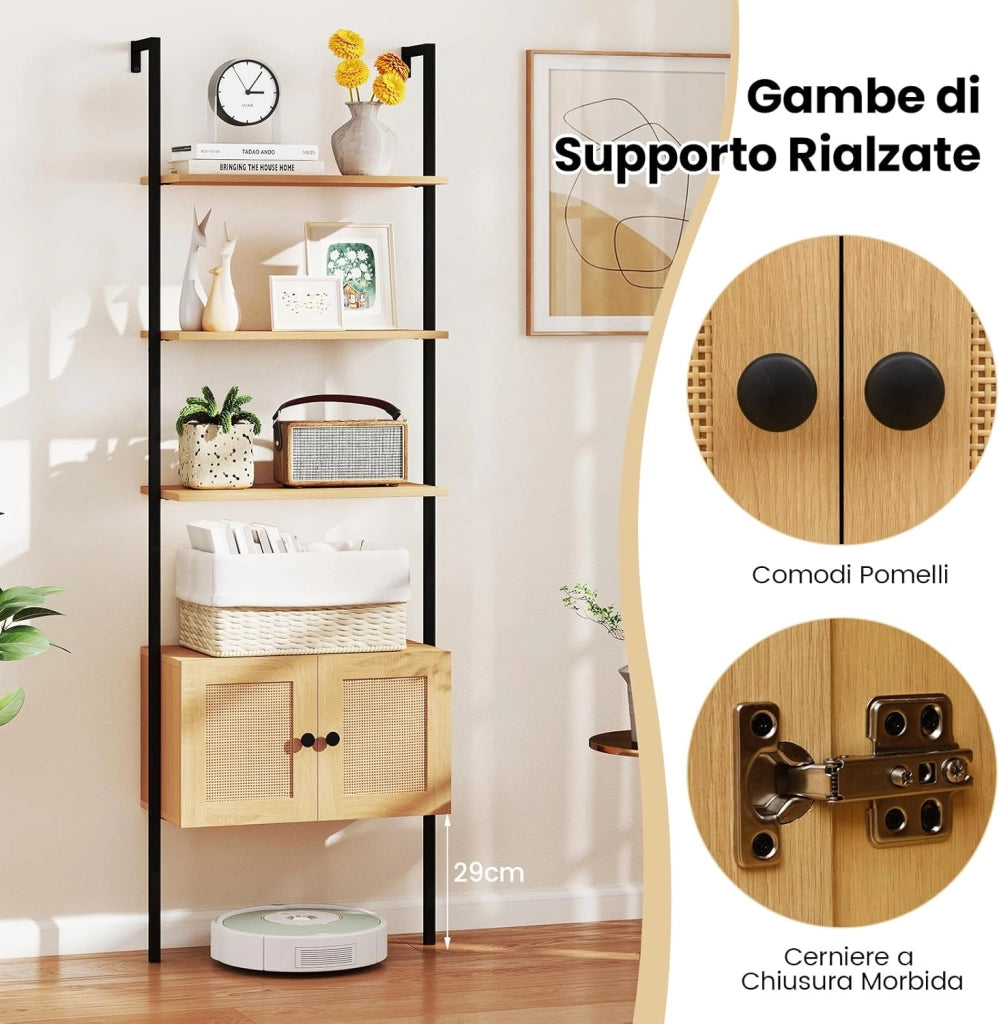 Libreria a Scala a 5 Ripiani con Armadio in Rattan, Scaffale da Parete con Struttura in Metallo, Organizzatore di Stoccaggio per Soggiorno Studio Ufficio, 60x31,5x184 cm