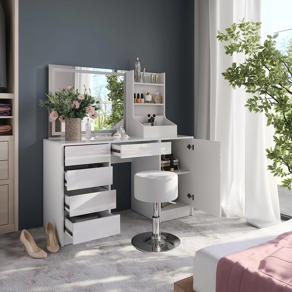 Tavolo da toeletta Sherry, Bianco/bianco lucido, 128.2 cm 4 parti