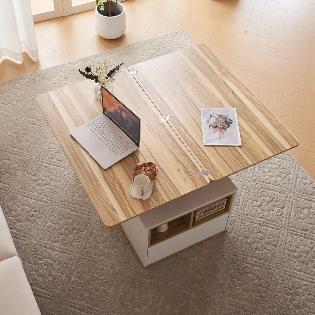 Tavolino basso sollevabile con 2 cassetti, 1 anta e vani aperti, per soggiorno, bianco e legno, 100 × 51 × 47 cm