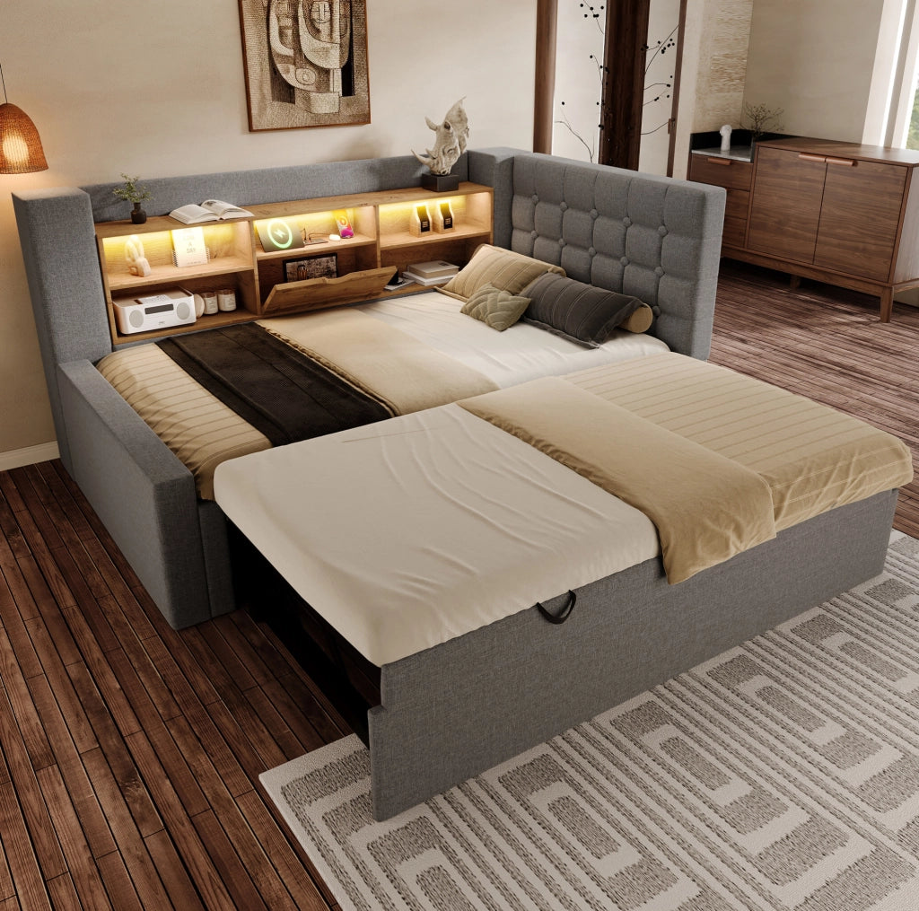 Letto imbottito estraibile 90x200 cm con LED; USB-A e USB-C; grigio