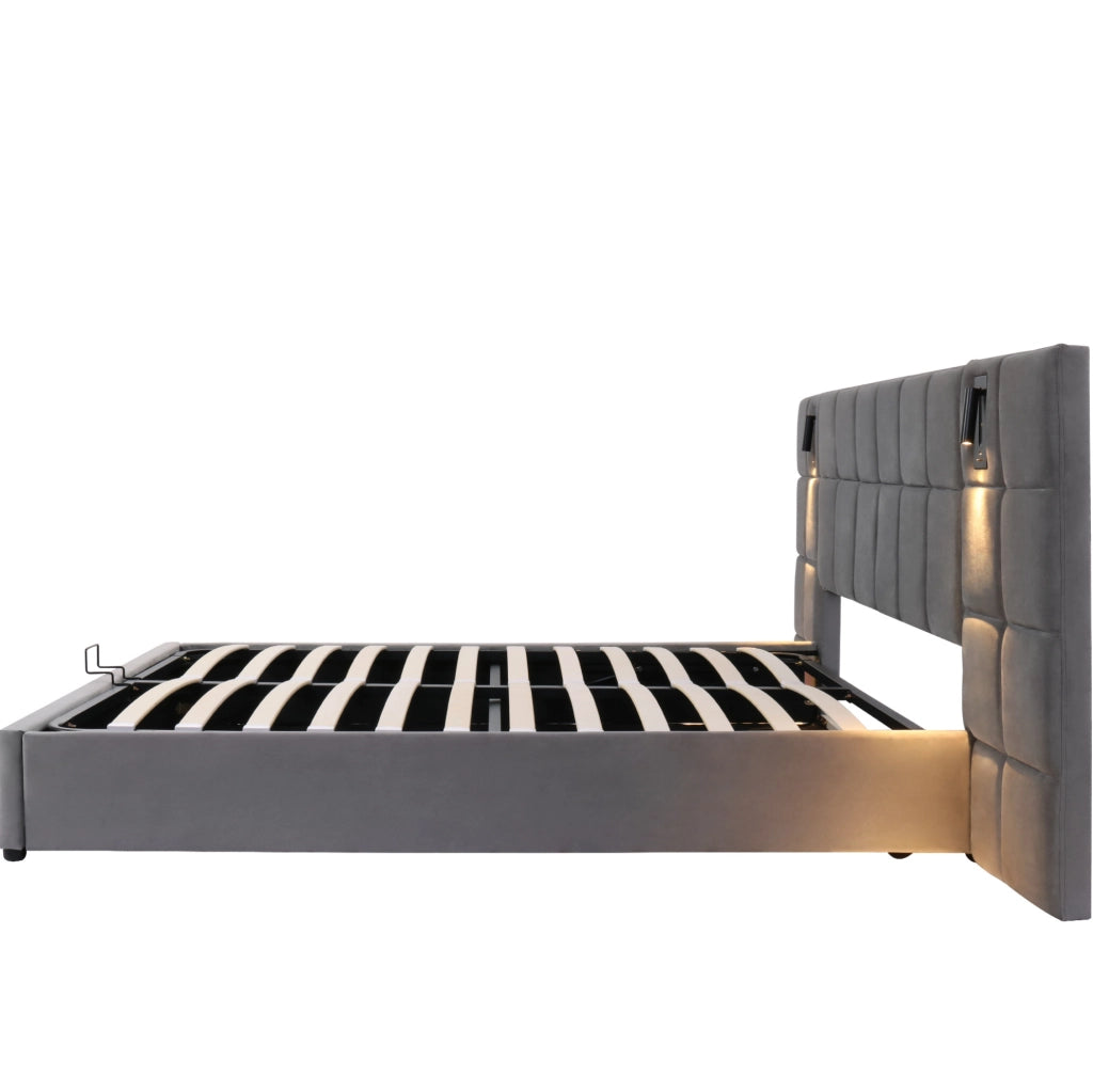 Letto matrimoniale imbottito 180x200 cm grigio con contenitore; lampada da lettura e USB