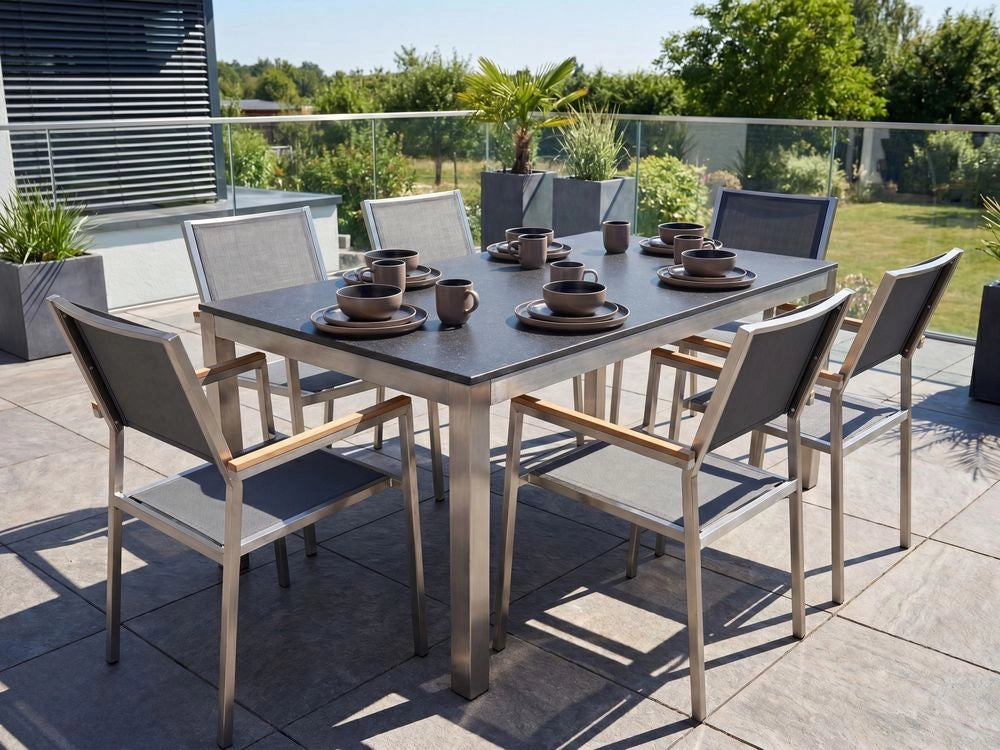 Set da pranzo da giardino grigio con piano in granito Nero 6 posti 180 x 90 cm