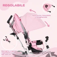 Triciclo per Bambini 1-5 Anni con Maniglione e Tettuccio Regolabile, 102x49x102 cm, Bianco e Rosa