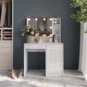 Tavolo da toeletta Sherry, Bianco/bianco lucido, 89.8 cm 4 parti, con illuminazione LED e specchio integrato fisso