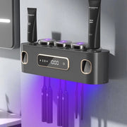 Sostegno per spazzola da denti con disinfezione UV Dispensatore di pasta di dentifricio per muro - Energia solare + Ricarica USB - Nero