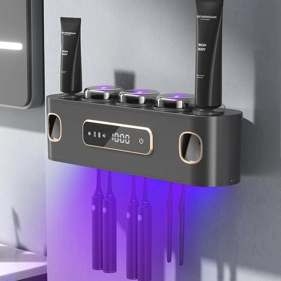 Sostegno per spazzola da denti con disinfezione UV Dispensatore di pasta di dentifricio per muro - Energia solare + Ricarica USB - Nero