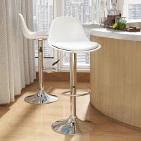 Set 2 Sgabelli da Cucina di Design Girevoli con Schienale, Poggiapiedi e Altezza Regolabile, in Similpelle e PP, Base in Acciaio, 38x42x82-104cm, Bianco