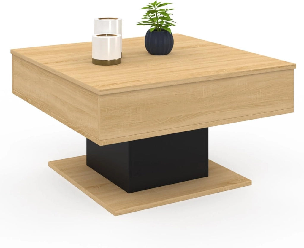 Mesa de centro cuadrada elevable EDEN de madera y negro
