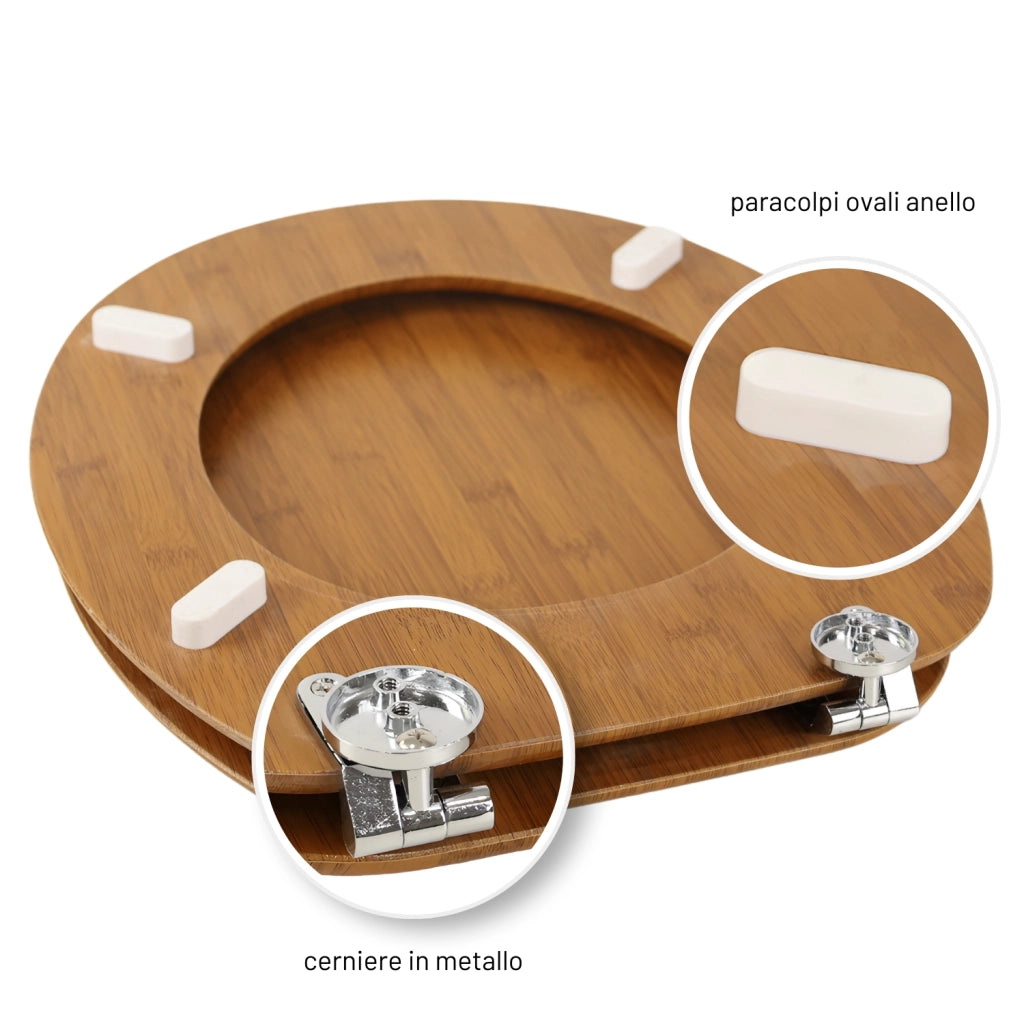 Sedile copriwater tavoletta universale linea bamboo mdf legno cerniere metallo *** tinta acero scuro, confezione 1