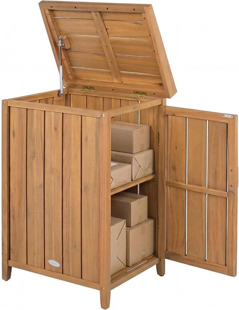 Armadio da Esterno in Legno Massello con Ripiano Rimovibile, Casetta Porta Attrezzi con Porta e Coperchio Apribile, Contenitore per Bidoni Spazzatura per Giardino, Cortile e Patio