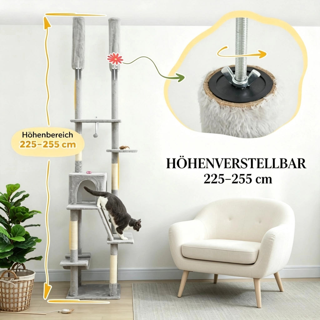 Tiragraffi regolabile in altezza con fissaggio a soffitto, altezza 225-255 cm, 6 livelli con nicchia e amaca.