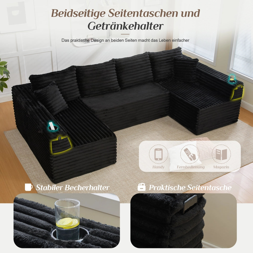 Divano modulare a U con portabicchieri e tasche laterali in velluto a coste nero con 4 cuscini 320 × 155 × 88 cm