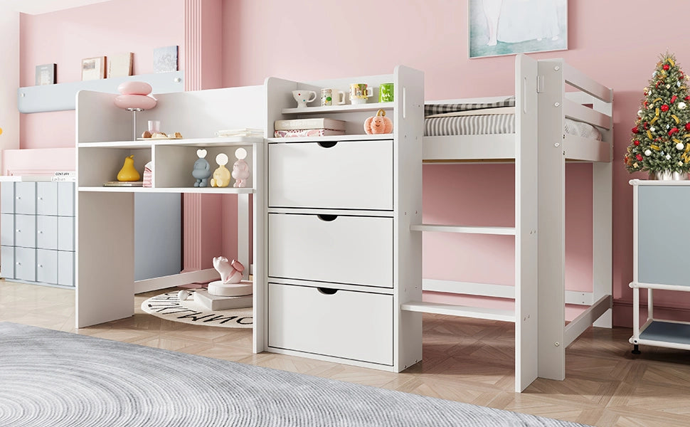 Letto a soppalco basso 90x200 cm con vano contenitore, scala e struttura in legno, bianco