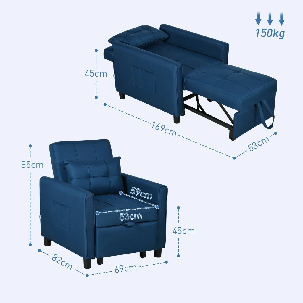 Poltrona Letto Reclinabile su 3 Livelli con Cuscino Extra 69x82x85 cm Blu