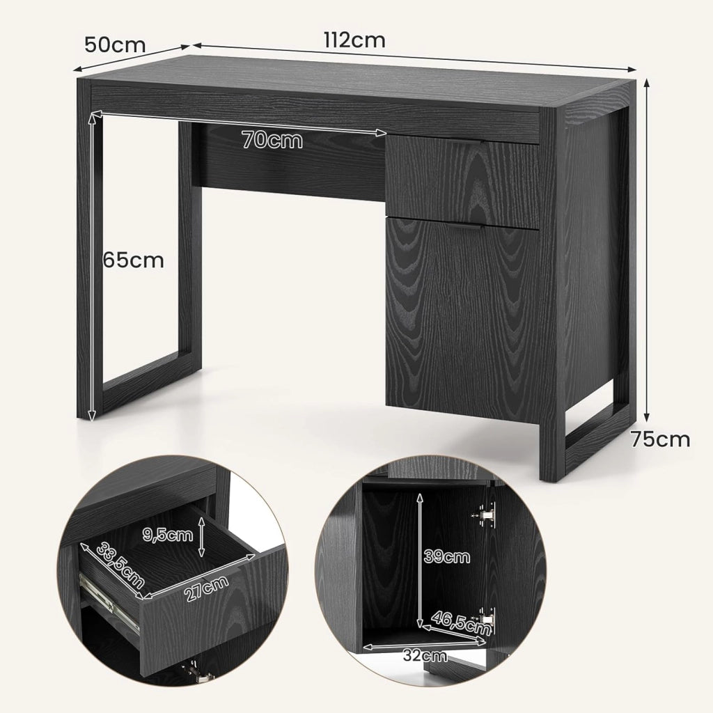 Scrivania per Computer, Scrittoio per Studio Moderno con Cassetto e Armadietto Spazioso in Legno Solido, per Ufficio/Casa, Portata di 70kg, 112,5x 50x75cm, Bianco (Nero)